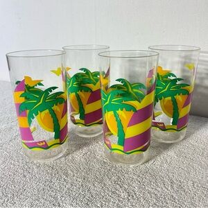 Vintage 90s Tropical Palm Tree Plastic Tumbler Set x4